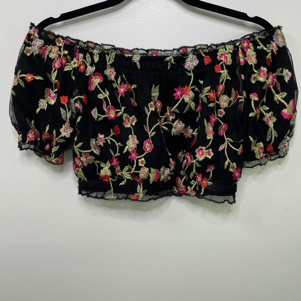 Ambience Floral‎ Embroidered Mesh Blouse Crop Top Off Shoulder S Boho Dark Fairy